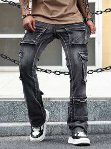 Manfinity EMRG 男士休闲日常紧身牛仔马蹄裤 - 灰色 - 查看 4
