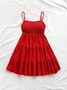 Soleia Solid Ruffle Hem Cami Dress - Red - View 6