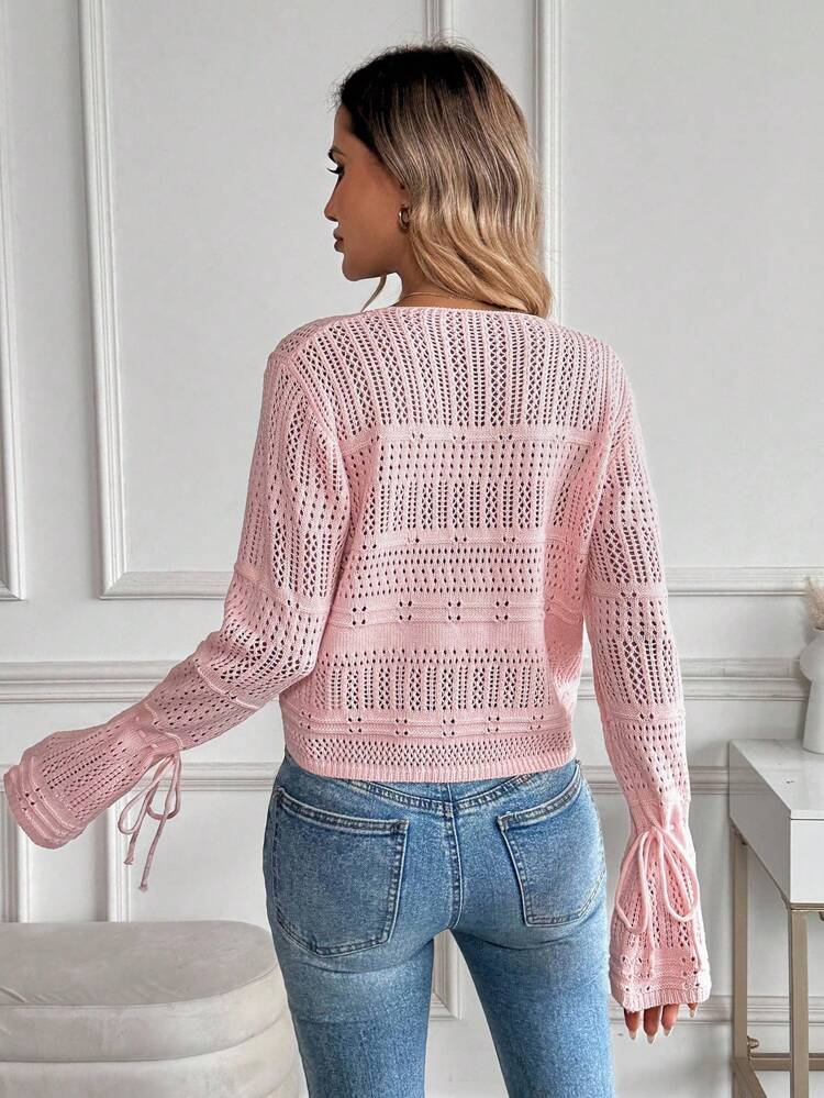 Women's Casual Solid Color V-Neck Dropped Shoulder Loose Pointelle Knit Sweater Pink Sweater Pink Long Sleeve Top Crop Top Sweater Summer Sweater Women Summer Top
