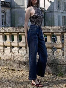 lacRébo Women Casual Mid-Wash Flared Cotton Denim Jeans Going Out Outfits Chic Outfits Autumn Winter