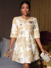 Lyxana Vestido corto elegante para dama de cuello redondo y manga corta fabricado en tejido jacquard tejido