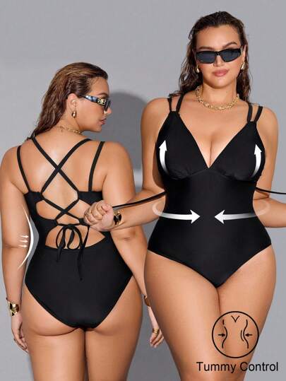 Shapewave Plus Size Women's One-Piece Swimsuit, Solid Color Sexy Rope Cross Back, Suitable For Beach & Resort Vacation In Summer