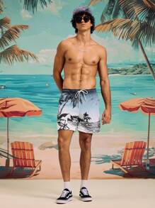 Manfinity Swimmode 男士松紧腰抽绳宽松休闲棕榈树印花沙滩裤