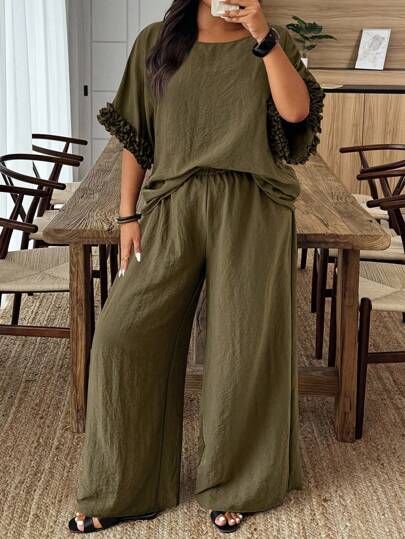 Breezaya Plusstorlek Dam Enfärgad Fladdermus Kortärmad Skjorta Och Vida Benbyxor Casual 2 Piece Set