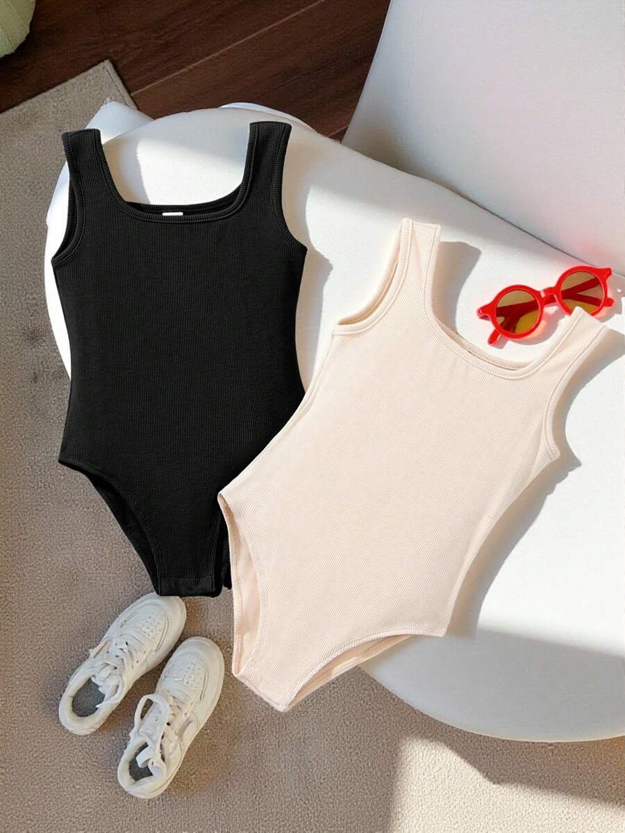 SHEIN Young Girl Street Style Knitted Solid Color Bodysuit, 2pcs/Set, Spring/Summer - Black - View 1
