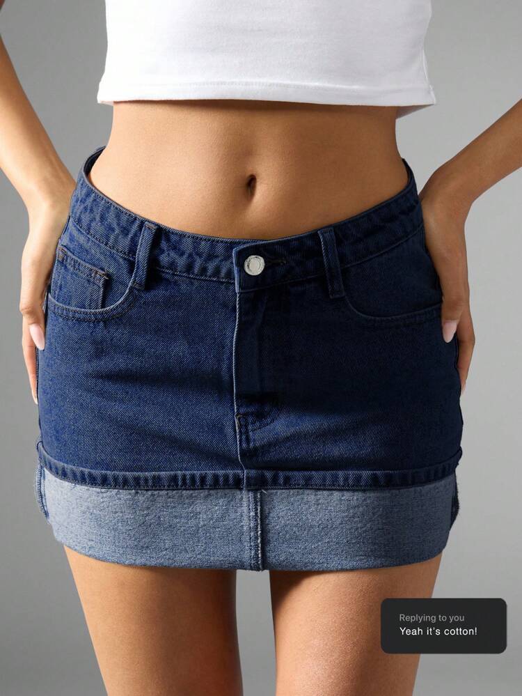 MISSGUIDED Mini Denim Skirt With Folded Cuff Hem High Waisted Raw Edge Summer Spring Fall Y2K Vintage Style Distressed Mini Skirt