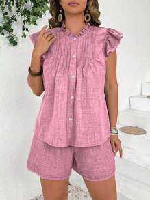 SHEIN LUNE Bộ 2 món thường ngày phong cách cổ điển có viền xếp nếp và tay áo chuông bồng bềnh - Hồng - Xem 5