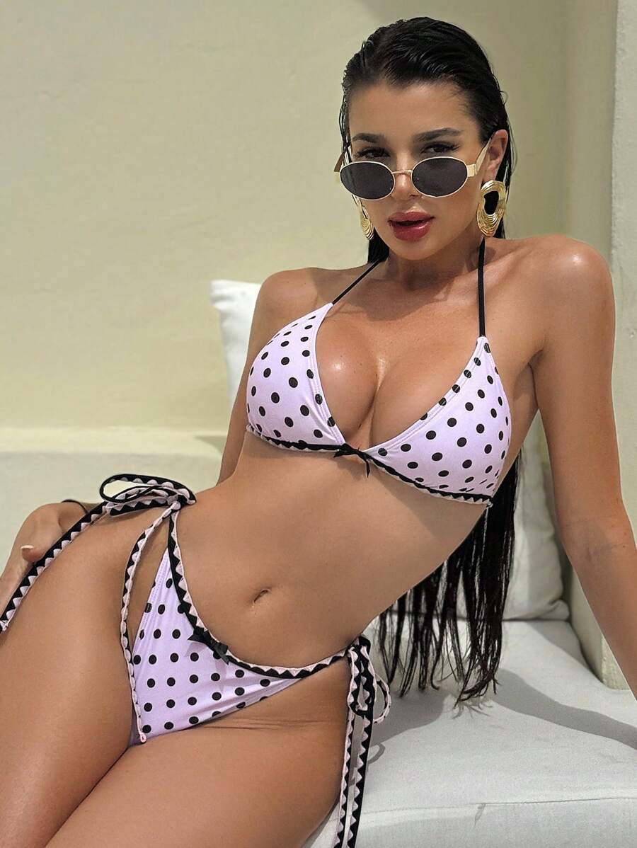 Bonvoyette 2pcs/Set New Summer Colorful Polka Dot Print Halter Backless Tie Sexy Bikini Swimsuit Beach Party Suit For Women - Multicolor - View 1