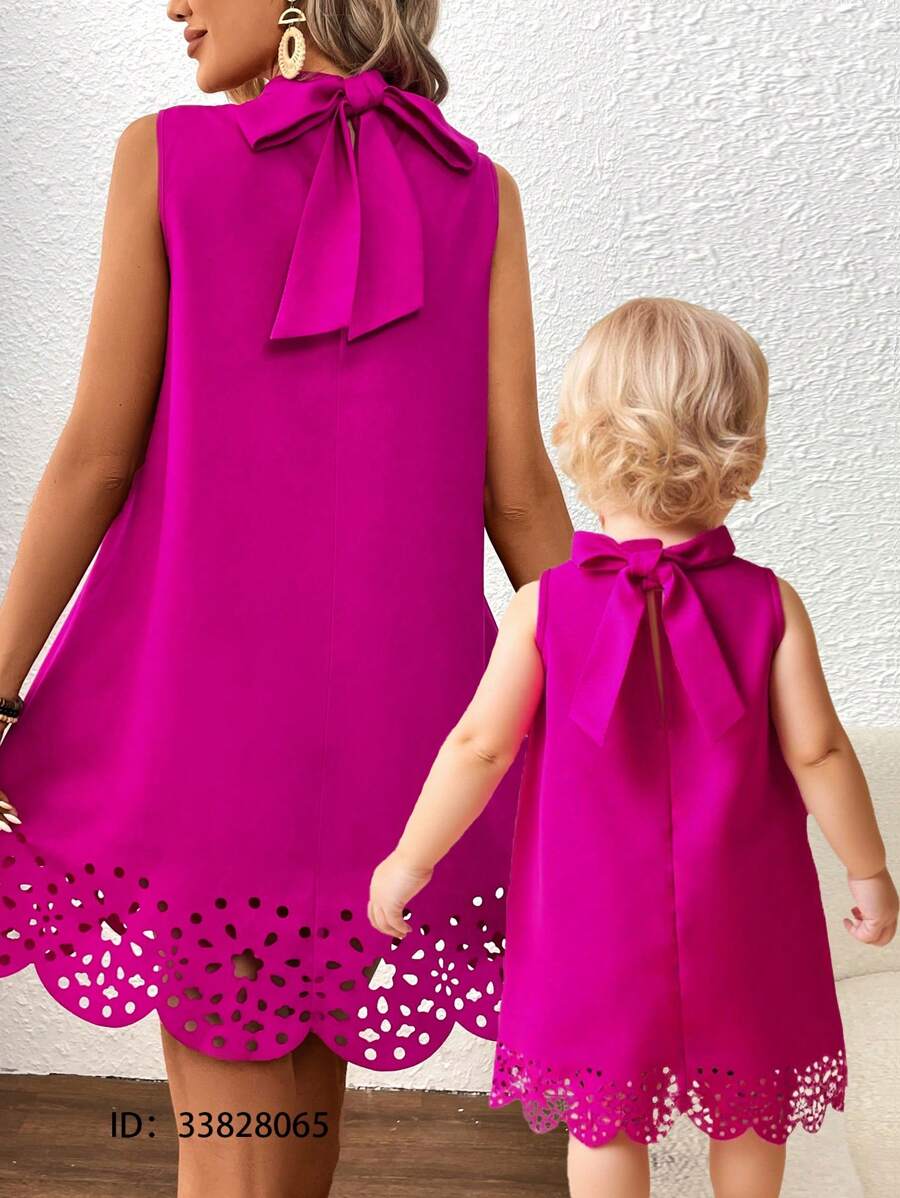 Vestido elegante y lindo sin mangas de color rosa fucsia grande para el verano, conjunto a juego de mamá e hija (2 piezas vendidas por separado) - Rosa Fucsia - Ver 1