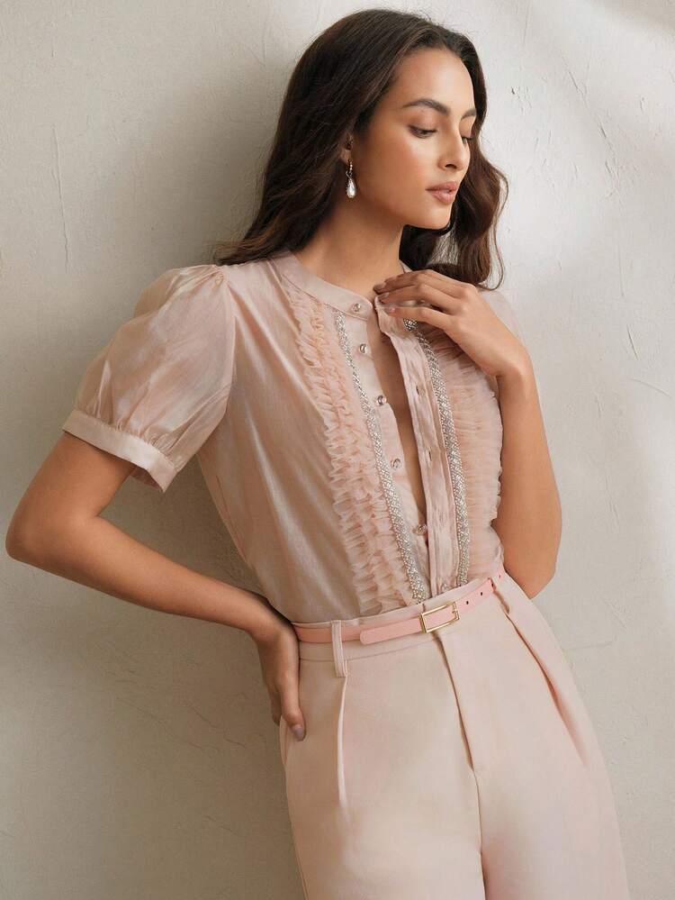 Women Sheer Lace Collar Ruffle Hem Elegant Short Sleeve Blouse, "Old Money"