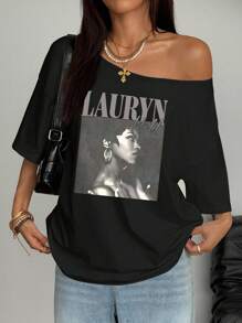 INAWLY 女士时尚印花斜肩短袖T恤 - 黑色 - 查看 3