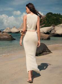 Elaire Conjunto de falda y cubrecuerpo con borde asimétrico de punto con estampado de estrellas, ideal para vacaciones de verano y playa para mujeres - Beis - Ver 2