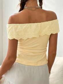 Jouncy Áo trễ vai tay ngắn viền ren nhún bèo màu vàng cho nữ - Màu vàng - Xem 2