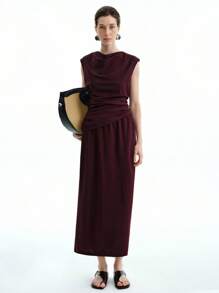 Aalyst 2件套女士夏季简约优雅纯色酒红色褶饰上衣和裤子套装