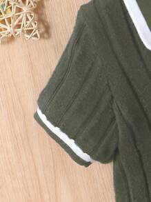 SHEIN Vintaside Kids 2pcs Baby Boy Navy Blue Polo Shirt And Shorts Set, Ribbed Fabric, Suitable For Daily Outdoor Play, School, Vacation - Elegant Style, Fits Casual Family, Sports And Party Outfits, Toddler Infant Unisex Summer - Army Green - View 4