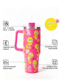 LOONEY TUNES X SHEIN 40oz Tumbler With Handle, Insulated Cup, Vacuum Insulated Water Bottle, Stainless Steel Travel Mug, Car Mug, Y2k - Pink - View 3