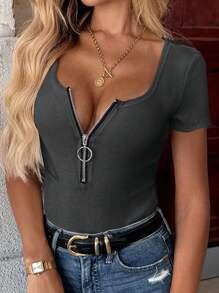 INAWLY 女款夏季純色領扣拉鍊半開襟短袖肋紋休閒T恤