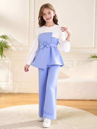 兩件裝少女色塊配帶通勤休閒裝