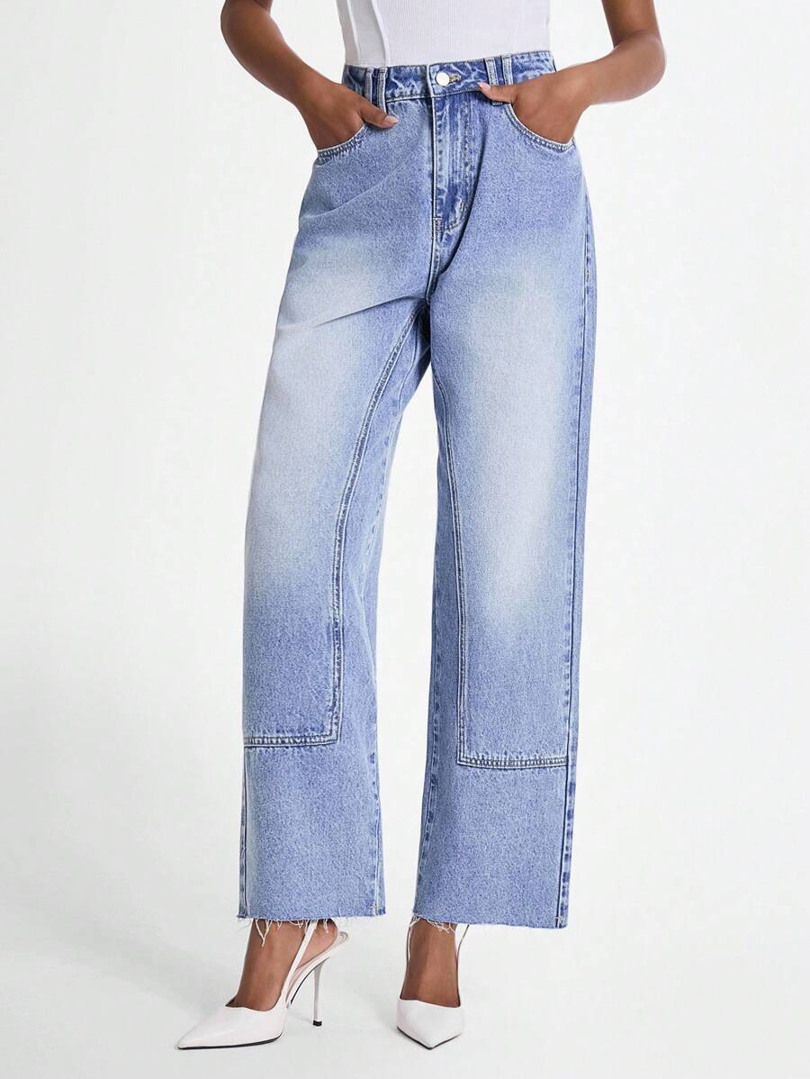 女士休闲直筒牛仔裤 阔腿牛仔裤 喇叭牛仔裤 女士牛仔裤 喇叭裤 高腰牛仔裤 - 中等水洗藍 - 查看 1