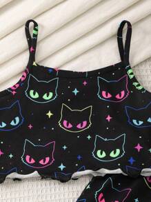 SHEIN Dozemod Kids Young Girl Cartoon Glow In The Dark Kitty Print Camisole & Shorts Knit Comfortable Casual Black Pajama Set, 2 Pieces - Black - View 3