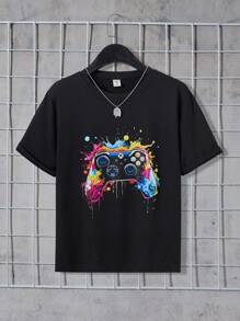 SHEIN Teenager Boys' Casual Cartoon Game Controller Graphic Print Round Neck Short Sleeve T-Shirt, Fashionable & Versatile For Summer