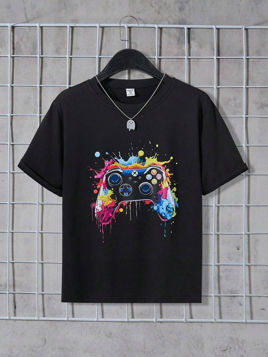 SHEIN Teenager Boys' Casual Cartoon Game Controller Graphic Print Round Neck Short Sleeve T-Shirt, Fashionable & Versatile For Summer