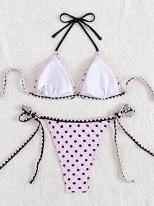 Bonvoyette 2pcs/Set New Summer Colorful Polka Dot Print Halter Backless Tie Sexy Bikini Swimsuit Beach Party Suit For Women - Multicolor - View 6