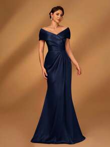 Serin Elegant Luxurious Satin Off Shoulder Ruched Ruffle Mermaid Dress, Suitable For Evening Party, Music Festival, Vacation, Wedding, Mother Of The Bride