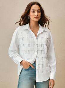 Anewsta 女士蓝色条纹格子优雅休闲宽松春夏长袖衬衫