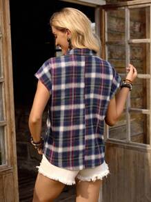 LanaWest 女式休闲西部复古紫色格子短袖纽扣装饰双口袋衬衫，春夏 - 紫色 - 查看 2