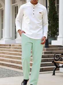 2 件套青少年男孩正装 - 白色中式立领长袖衬衫 + 休闲长裤，绅士西装套装，适合外出、街头装、学校装、生日派对、日常休闲装、婚礼、婚礼嘉宾装、花童装、戒童装 - 彩色 - 查看 3