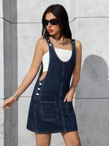 SHEIN PETITE 女式休闲牛仔连衣裤，双口袋，纽扣设计 - 藍色 - 查看 4