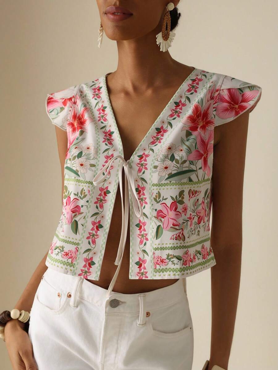 Vesra Elegant Summer Floral Print & Tied Hem Cropped Blouse Top - Multicolor - View 1