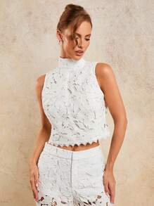 COSMINA 女士花卉蕾丝镂空立领简约无袖时尚衬衫，返校节，秋季服装