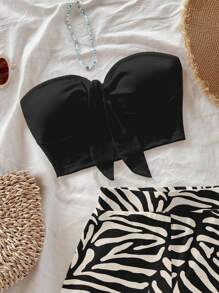 Soleia 黑色和杏色对比斑马纹女式短裤搭配黑色抹胸上衣两件套，夏季休闲度假风格斑马纹两件套两件夏季服装短款两件套斑马纹短裤套装两件短裤装2件套短款服装适合外出