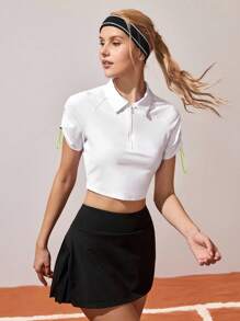 Gameset SHEIN Sport 女式夏季撞色抽绳褶皱短袖短款休闲运动 Polo 衫 - 白色 - 查看 3