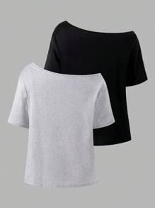 Sparklyn 少女休闲纯色不对称领口短袖T恤