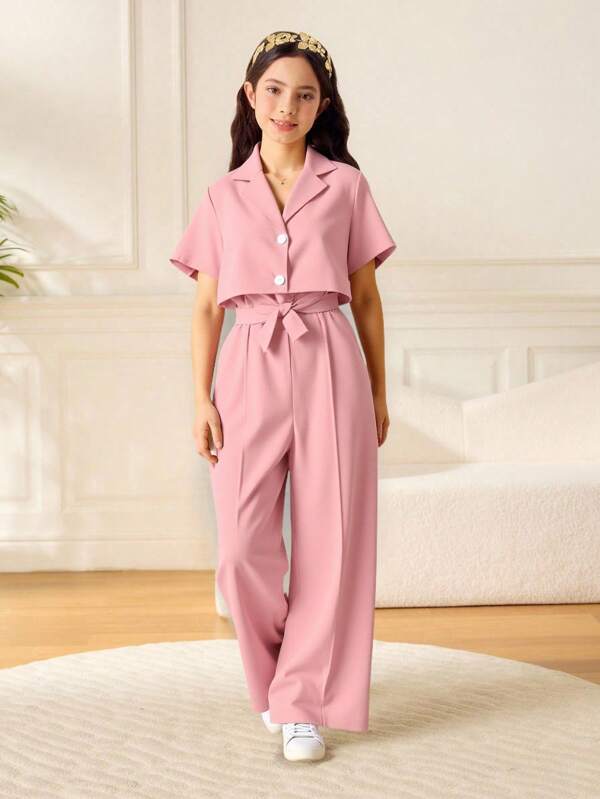 SHEIN Tween Girl Two Tone Cami Jumpsuit & Lapel Neck Crop Jacket