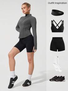 GLOWMODE FeatherFit™ Sculpt It Áo corset co giãn thấm mồ hôi Đường may ôm vừa vặn có lỗ xỏ ngón tay cái Khóa kéo bảo vệ Yoga Pilates tác động thấp Barre Studio Trang phục thường ngày - Xám - Xem 7