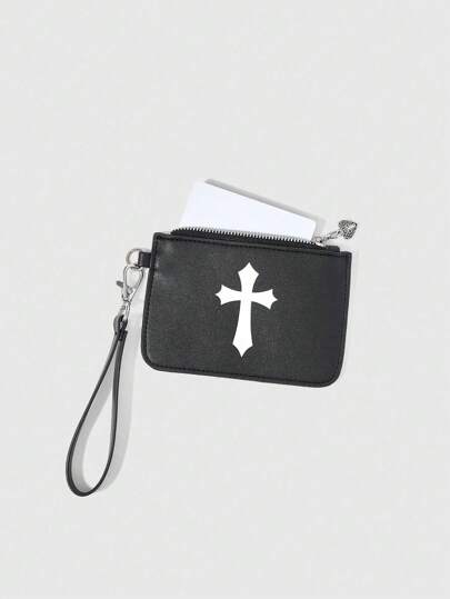 Grunge Punk Punk-Style Fashion Coin Purse With Goth Cross Zipper Wallet, Short Card Holder Pouch, Suitable For Commuting, Travel, Gift For Men & Women, Halloween