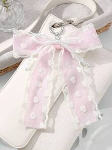 ROMWE Kawaii 1pc INS Korean Style Delicate & Sweet Versatile Minimalist High-End Handmade Beaded White Faux Pearl Net Lace Embroidered Heart-Shaped Pink Ribbon Bow DIY Keychain Bag Charm, Suitable For Women, Daily Wear, Holiday Gift - Pink - View 8