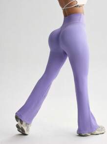 Easithlete 女士纯色不对称腰带喇叭运动裤，无缝