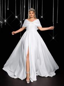 Glamrae Plus Size Elegant Romantic All White Strapless Big Bow Decoration Luxury Wedding Dress Satin Big A-Line Long Tail Embroidery Bridal Wedding Dress Off Shoulder