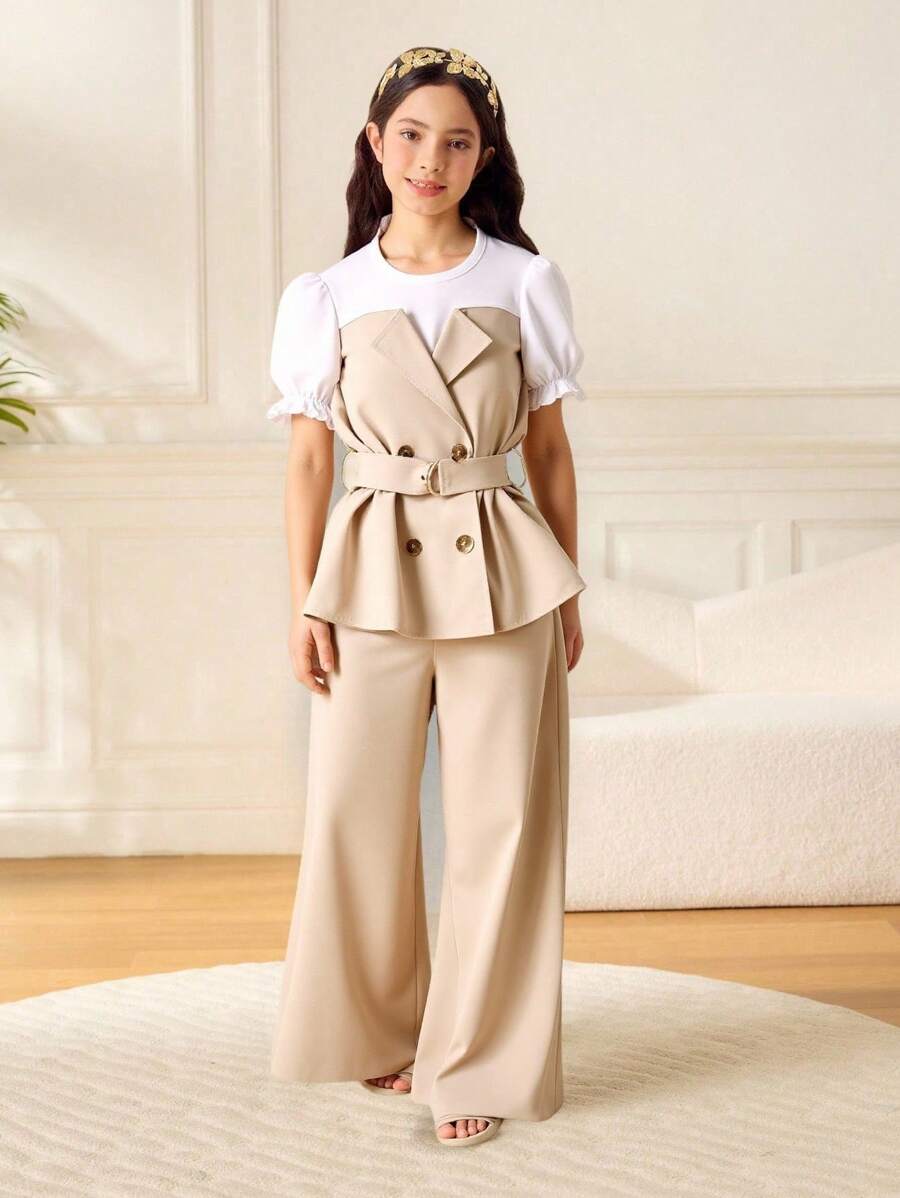 Tween Girls 2 Pieces Puff Sleeve Top With Belt & Solid Flare Cropped Pants Set - Khaki - View 1