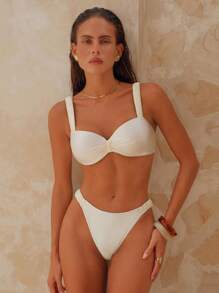 Swim Chiccia 女式纯色宽肩带露背比基尼套装上衣和下装，性感比基尼夏季泳装套装 - 米色 - 查看 4