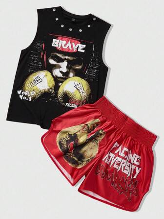 Street Life 2pcs Street Style Boxing Sports Character Print Vest Suit