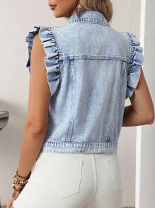 EMERY ROSE Women's Casual Denim Jacket With Ruffle Collar & Front Button, Summer - Blue - View 2