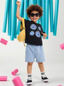 SHEIN Young Boy Casual Simple Comfortable Round Neck Short Sleeve Star Print T-Shirt - Black - View 1