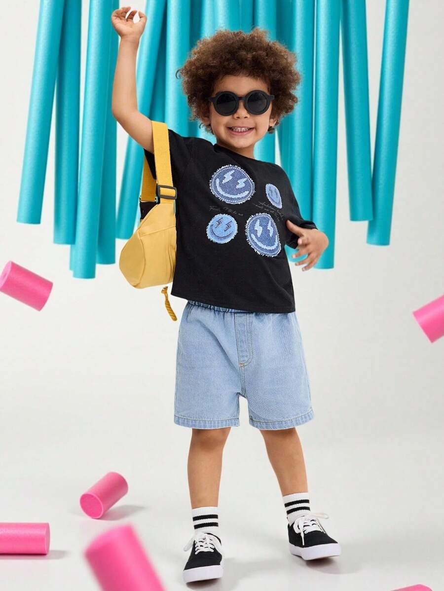 SHEIN Young Boy Casual Simple Comfortable Round Neck Short Sleeve Star Print T-Shirt - Black - View 1