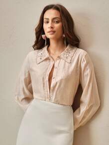 Anewsta Ladies' Independence Day In Spring And Summer, The New Small Fragrance Lace Heavy Craft Collar Custom Hand Beaded Embroidery Cute Long-Sleeved Pink Shirt Top. - Pink - View 6